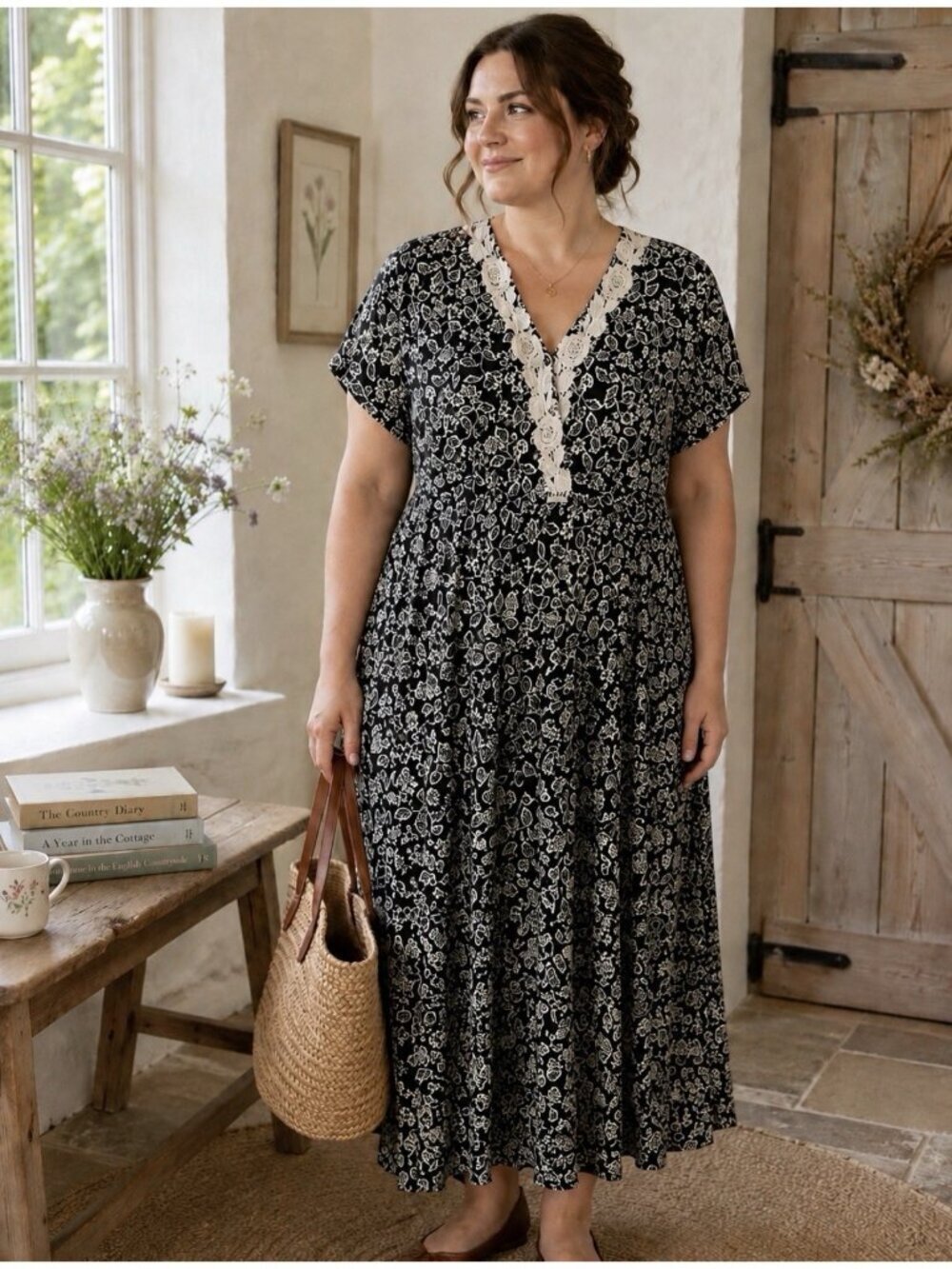 Vtg 80s 90s Floral Print Dress Size 16 English Cottagecore Lace Trim Maxi NEW